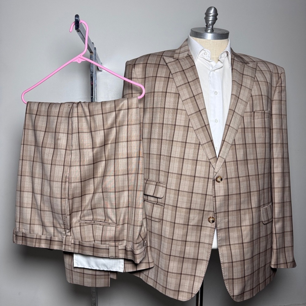 Custom Tailor Suit Mens 52XL 52L 46x34 Tan Plaid Windowpane‎ Two Button Double